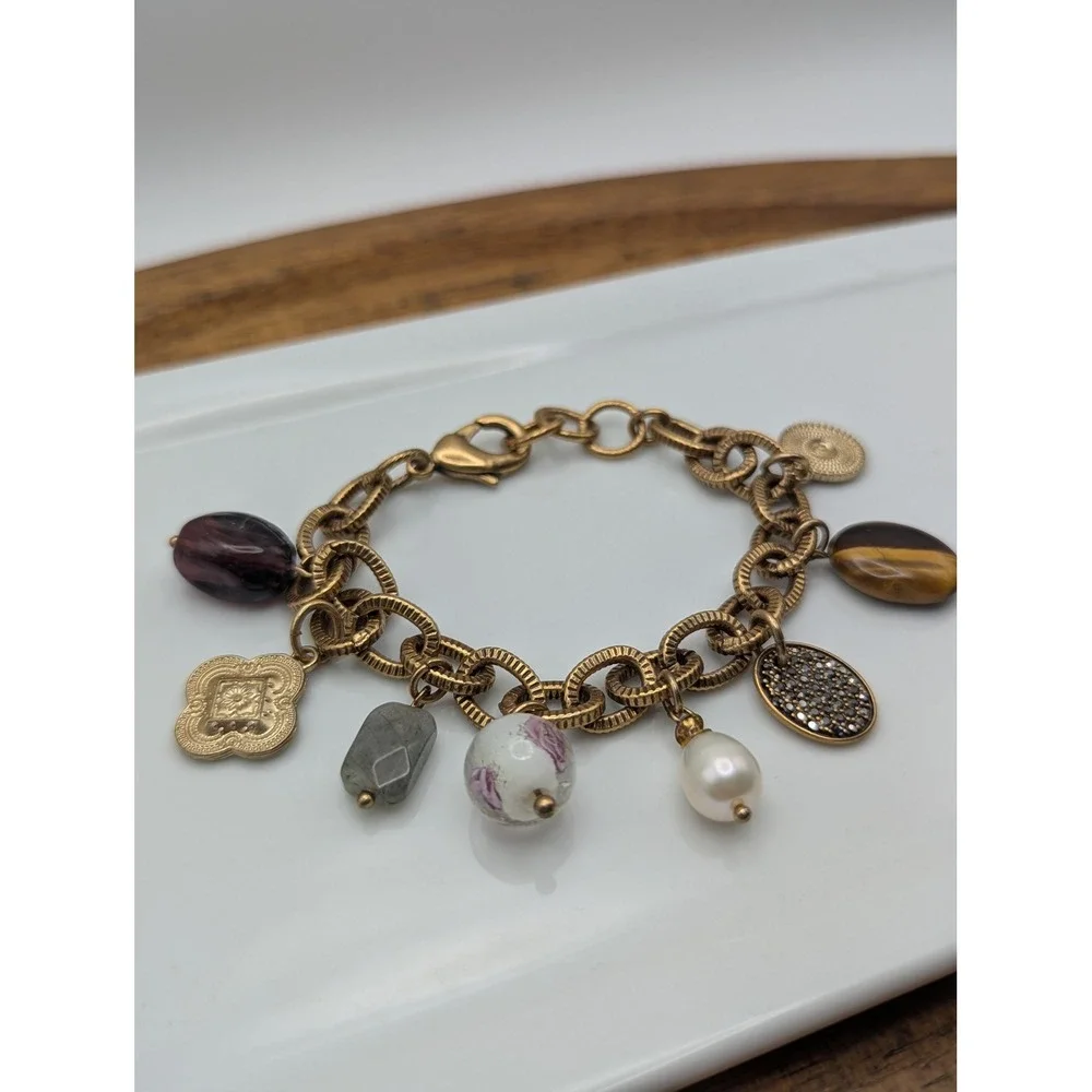 Unbranded Charm Bracelet Women OS Gold Mixed Stone Pearl Floral Boho Eclectic